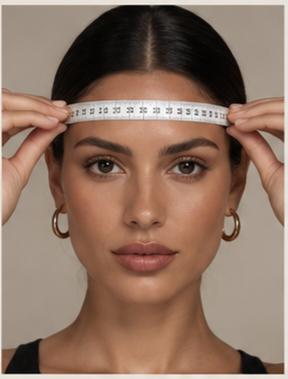 Vue de face : placez le mètre juste au-dessus des sourcils.